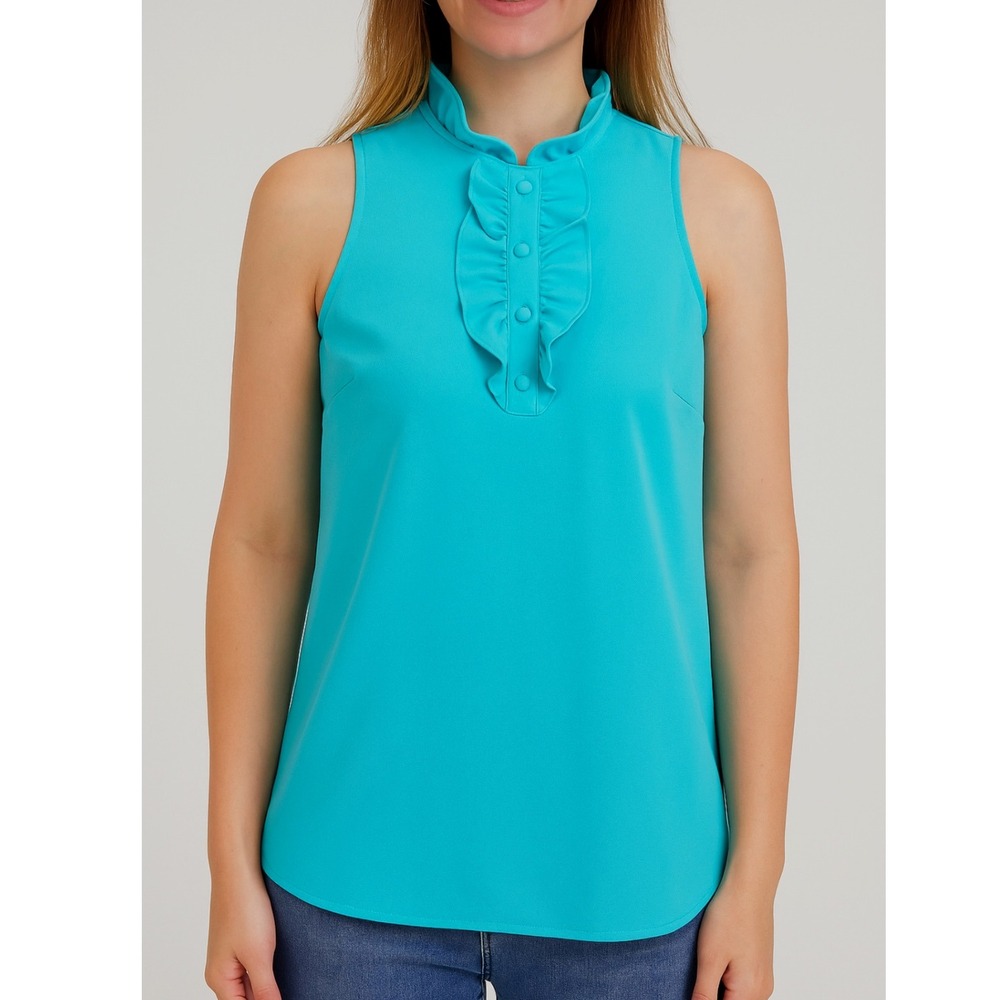 J. Crew Womens Sleeveless Ruffle Collar Button Blouse Top Turquoise Small